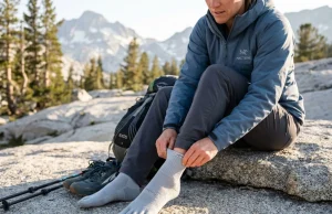I Hiked 1,000 Miles in Toe Socks. Zero Blisters Hiker pulling on Injinji toe socks at alpine camp showing individual toe sleeves for blister prevention