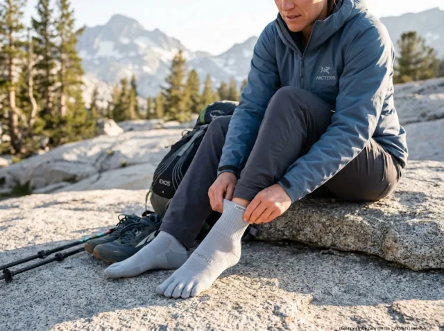 toe-socks-hiking-blister-prevention-hero Hiker pulling on Injinji toe socks at alpine camp showing individual toe sleeves for blister prevention