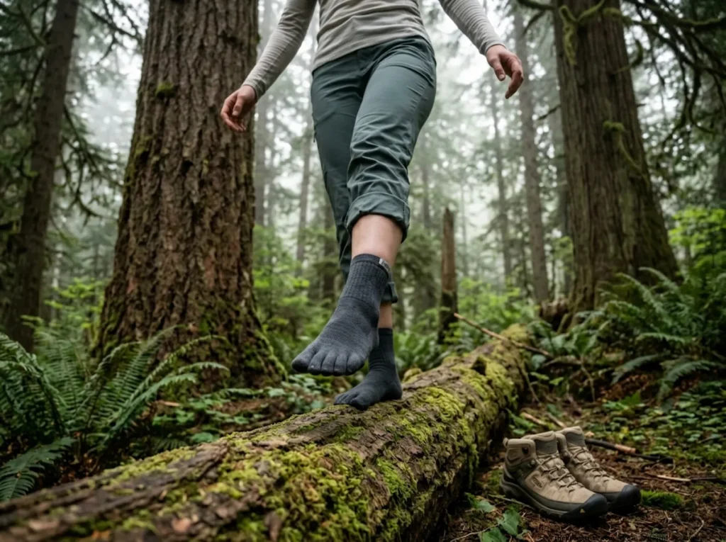 Hiker demonstrating natural toe splay in Injinji toe socks on forest trail log