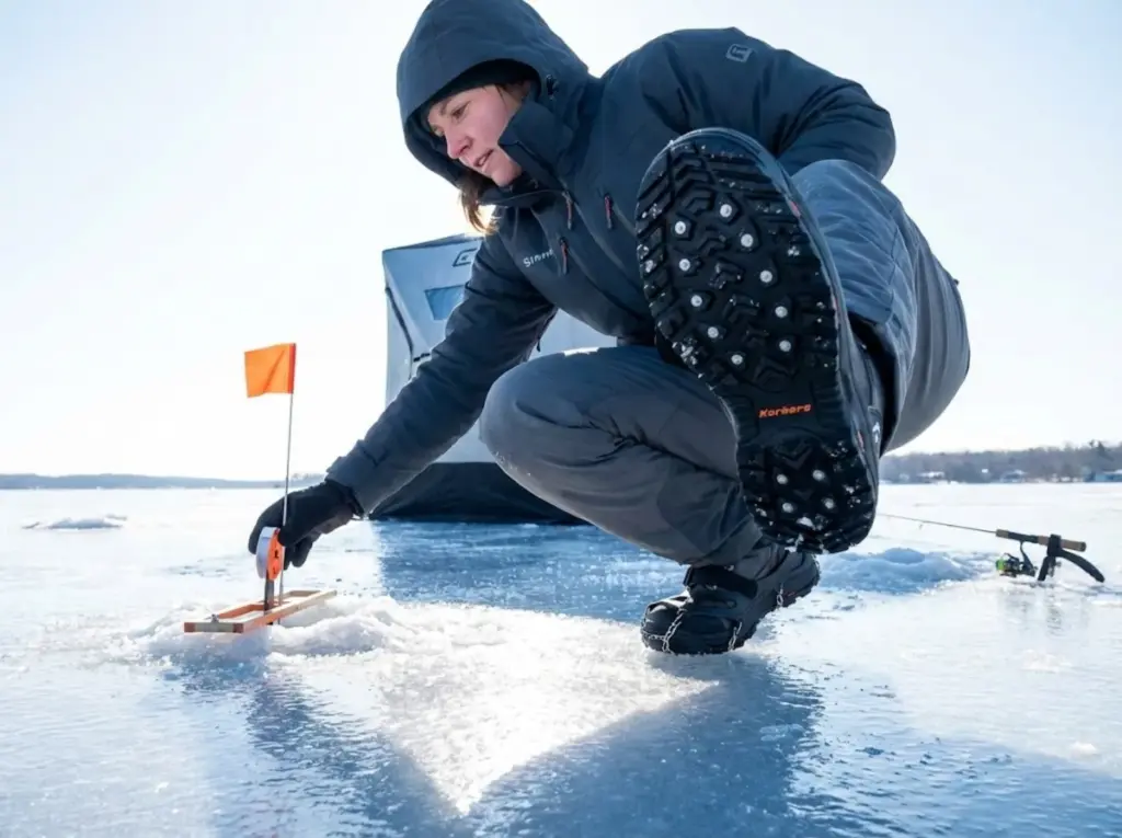 Ice angler crouching on glare ice showing carbide stud boot soles for winter traction