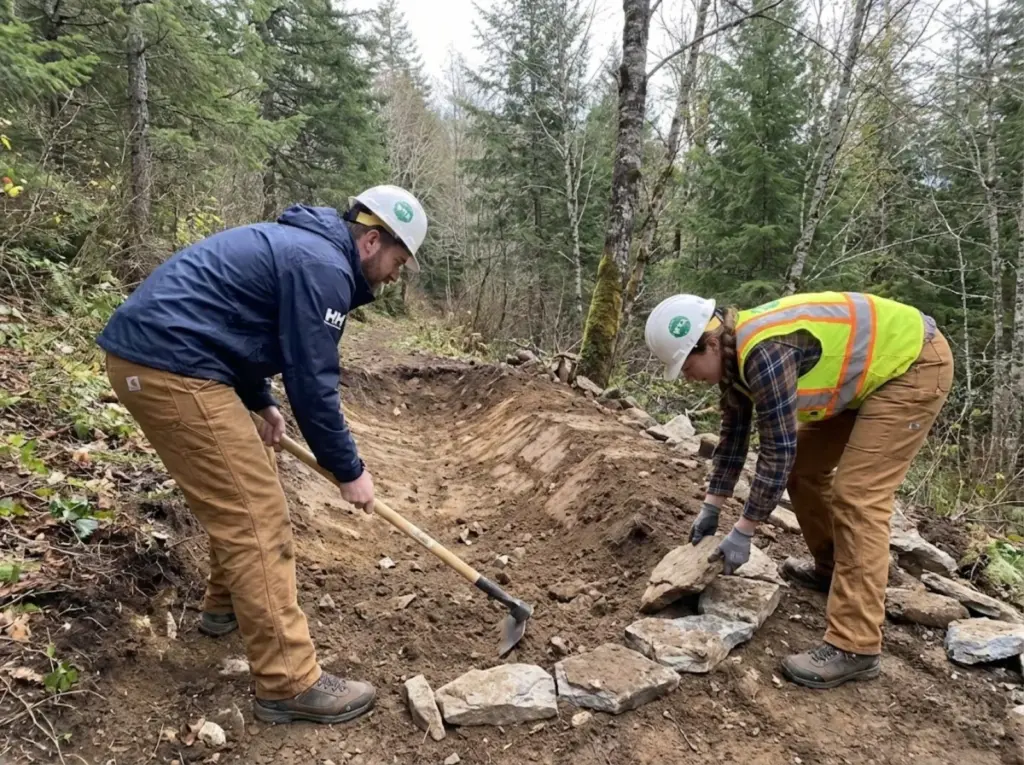 Trail crew building rolling grade dip drainage feature on mountain hiking trail 