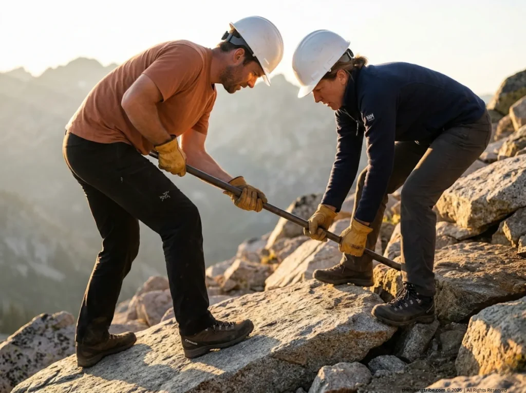 Two trail maintenance volunteers levering a rock step into position on a mountain trail using a rock bar