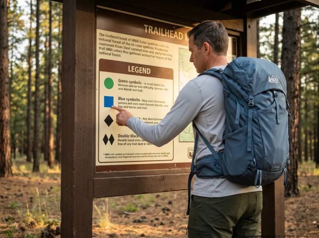 Male hiker reading IMBA trail difficulty rating symbols at national forest trailhead sign  