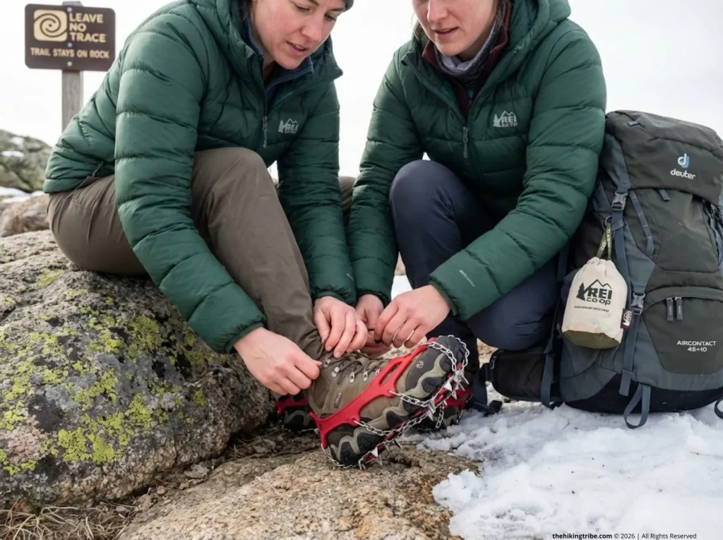 Hiker removing Kahtoola MICROspikes at snow-to-rock transition — Leave No Trace trail ethics for traction devices