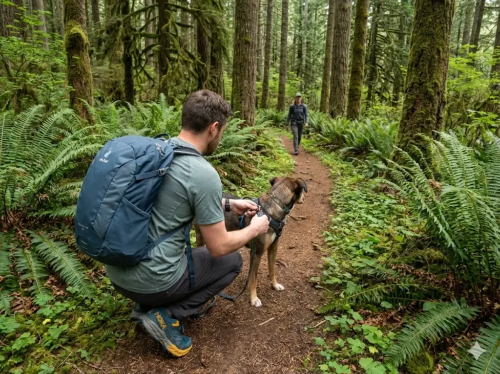 Hiker leashing dog on narrow trail as another hiker approaches demonstrating etiquette