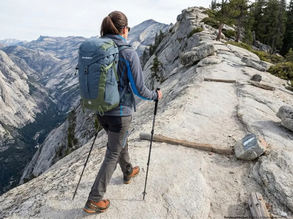 Solo female hiker in Mammut pack staying on designated ridge trail above Yosemite valley demonstrating LNT trail stewardship