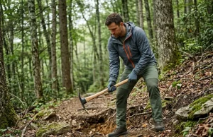 Trail Maintenance Volunteering Made Me a Better Hiker Hiker volunteer swinging Pulaski on trail maintenance crew in forested Appalachian terrain