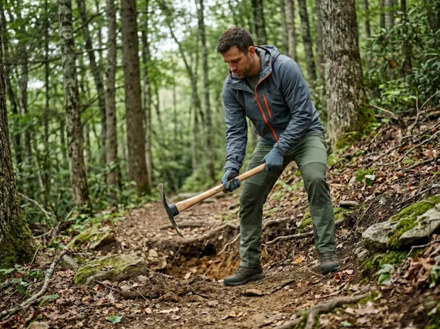 trail-maintenance-volunteering-pulaski-crew Hiker volunteer swinging Pulaski on trail maintenance crew in forested Appalachian terrain