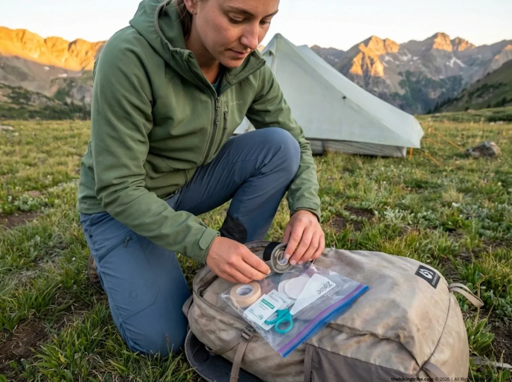 Ultralight hiker organizing 3-ounce trail repair kit with Tenacious Tape at alpine meadow campsite