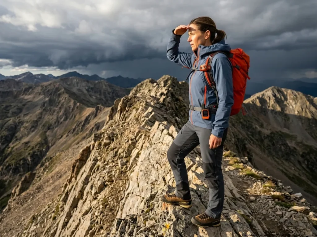 Female hiker assessing exposed ridgeline before committing to dangerous section — trail safety decision when difficulty exceeds rating   