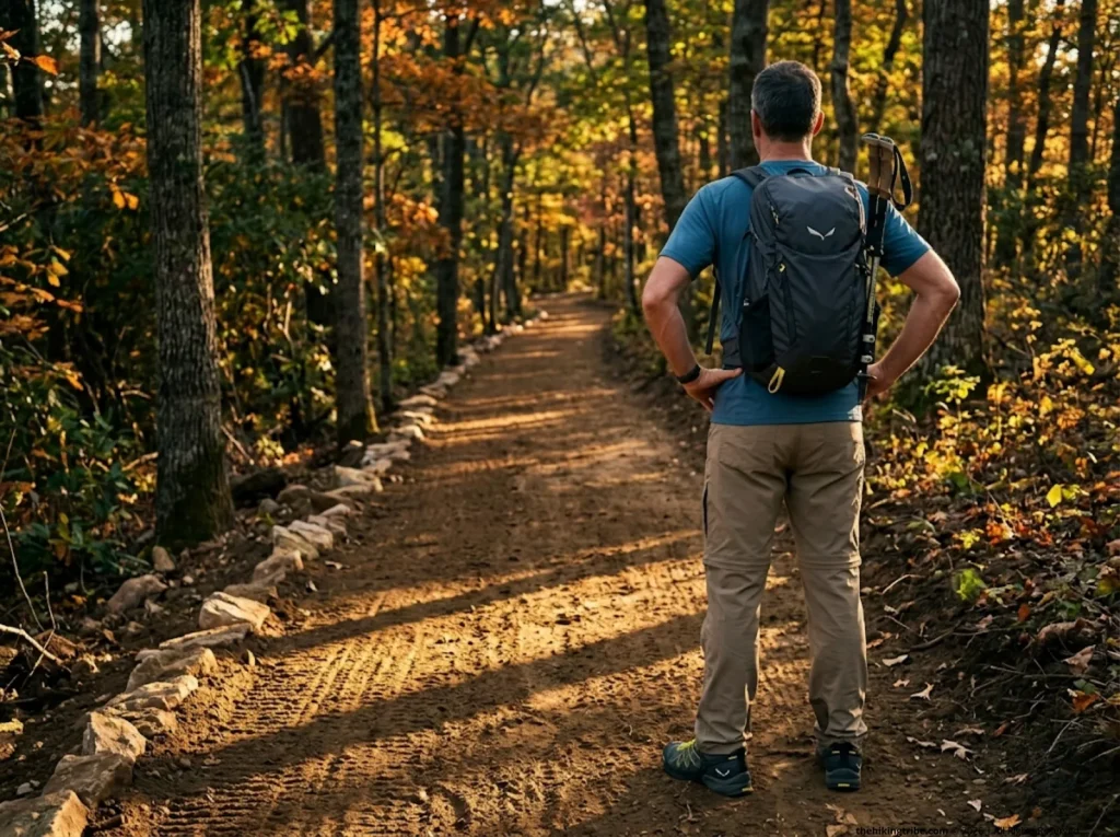 Trail steward standing at the end of a newly repaired trail section looking back with satisfaction at completed volunteer work