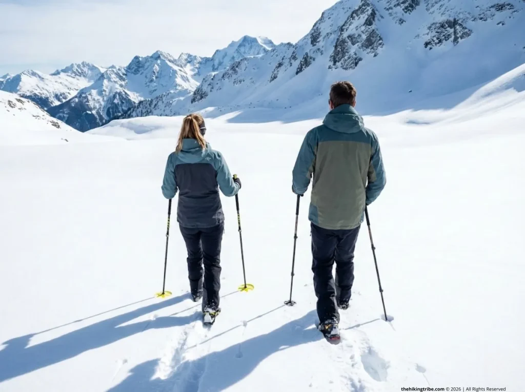 Side-by-side comparison test of trekking pole baskets in deep alpine powder