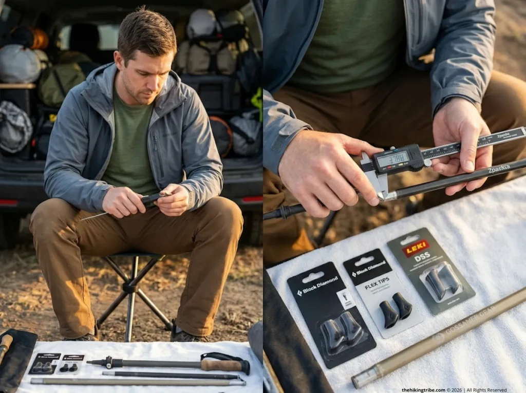 Hiker measuring trekking pole shaft diameter with calipers to find compatible replacement tips, Zpacks and Black Diamond