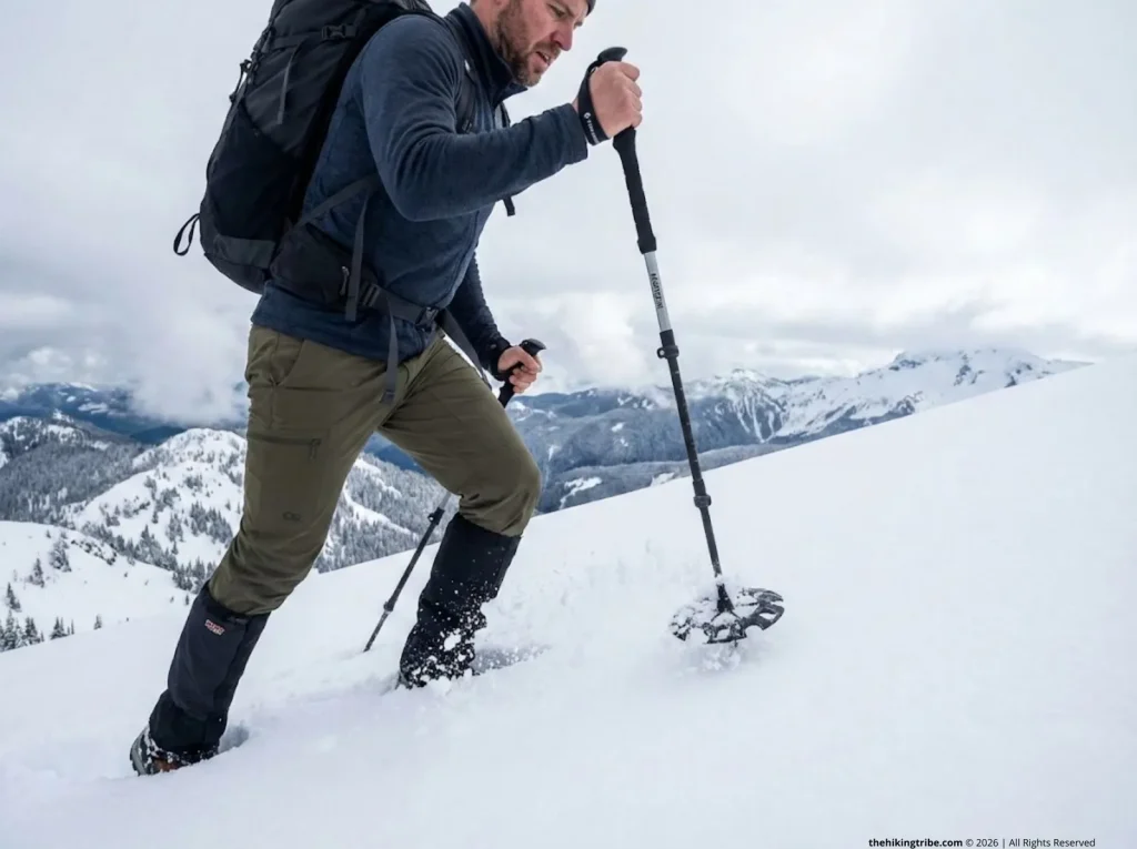 Hiker using wide trekking pole snow baskets on deep powder alpine slope