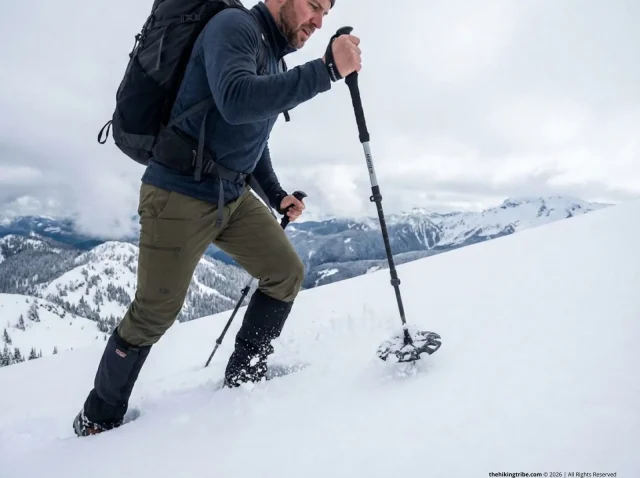 trekking-pole-snow-baskets-deep-powder-hero Hiker using wide trekking pole snow baskets on deep powder alpine slope
