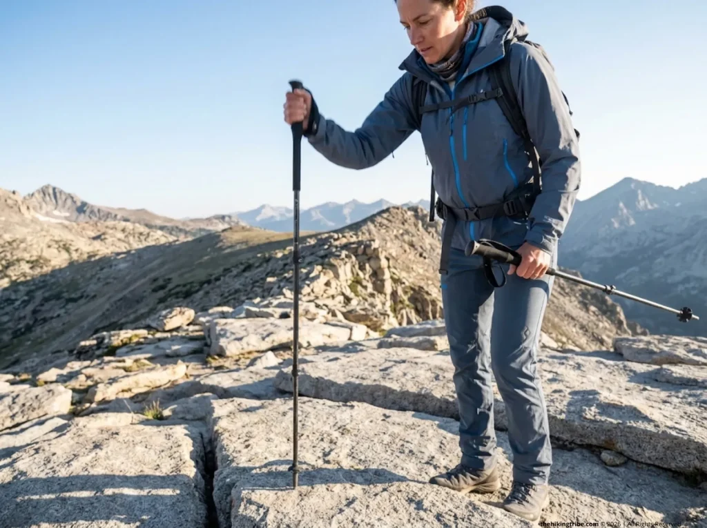 Female hiker tapping new Black Diamond Flex Tip onto granite slab to install it on trekking pole