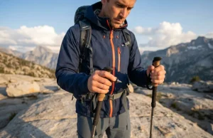The Boiling Water Trick for Stuck Trekking Pole Tips Hiker inspecting worn trekking pole tip on granite boulder, Black Diamond poles, alpine setting