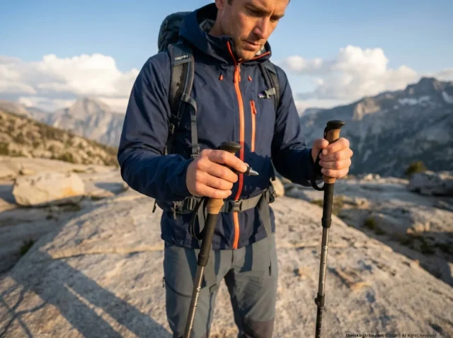 trekking-pole-tips-replacement-hero Hiker inspecting worn trekking pole tip on granite boulder, Black Diamond poles, alpine setting