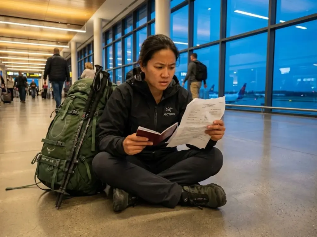 Hiker reviewing trekking visa paperwork at international airport with backpack