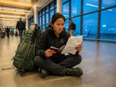 Trekking Visa Requirements That Trip Up International Hikers Hiker reviewing trekking visa paperwork at international airport with backpack