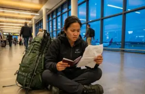 Trekking Visa Requirements That Trip Up International Hikers Hiker reviewing trekking visa paperwork at international airport with backpack