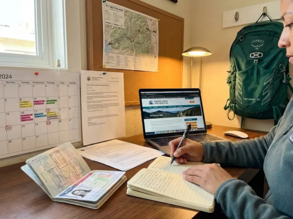 Hiker planning trek visa application timeline with passport and calendar