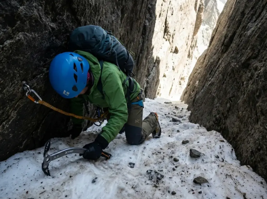 Mountaineer in tuck-and-shield position against couloir wall during rockfall event  