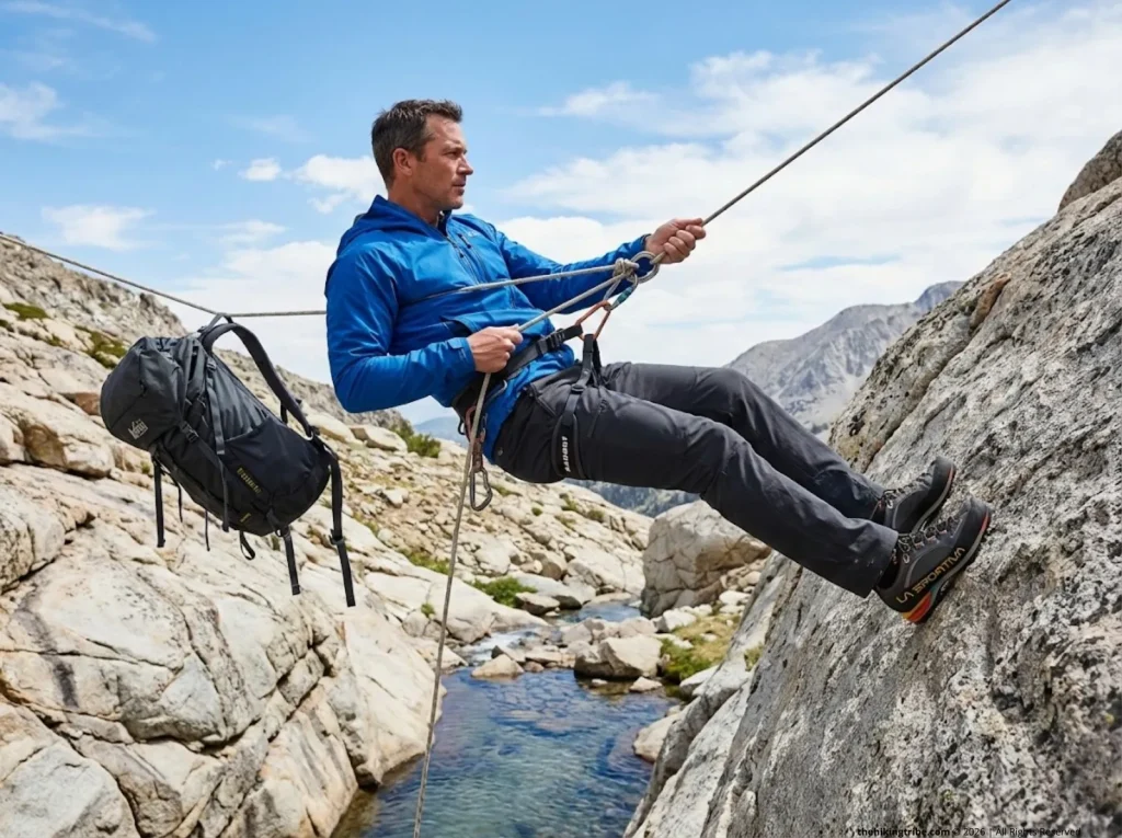 Experienced male hiker on Tyrolean traverse horizontal crossing, legs hanging, pack towed behind on alpine rocky gap