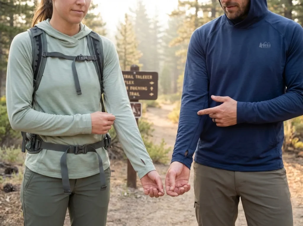 Two hikers compare lightweight UPF 30 and dense UPF 50 sun hoodies at a mountain trailhead