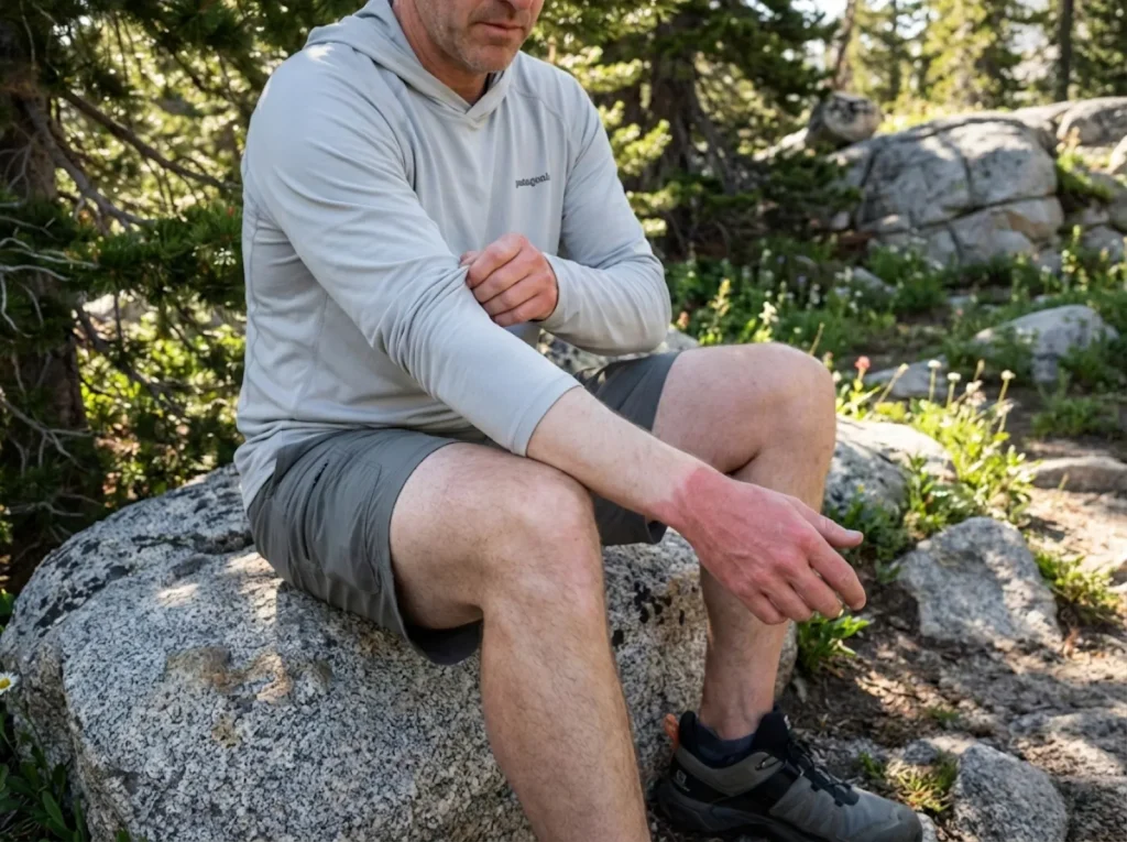 Hiker inspects sun-protected arm under UPF hoodie sleeve versus sunburned exposed hand