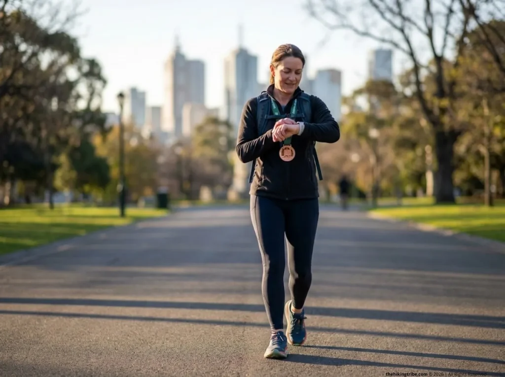 Urban hiker checking Apple Watch during a virtual hiking challenge with a completion medal on her pack