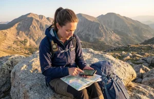 7 Virtual Hiking Communities Serious Hikers Actually Use Hiker using Gaia GPS app and paper topo map on alpine ridgeline at golden hour