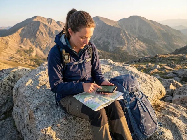 virtual-hiking-communities-serious-hikers Hiker using Gaia GPS app and paper topo map on alpine ridgeline at golden hour