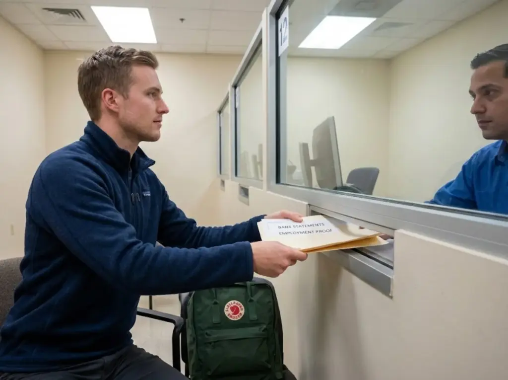 Hiker presenting financial proof documents at consulate visa interview