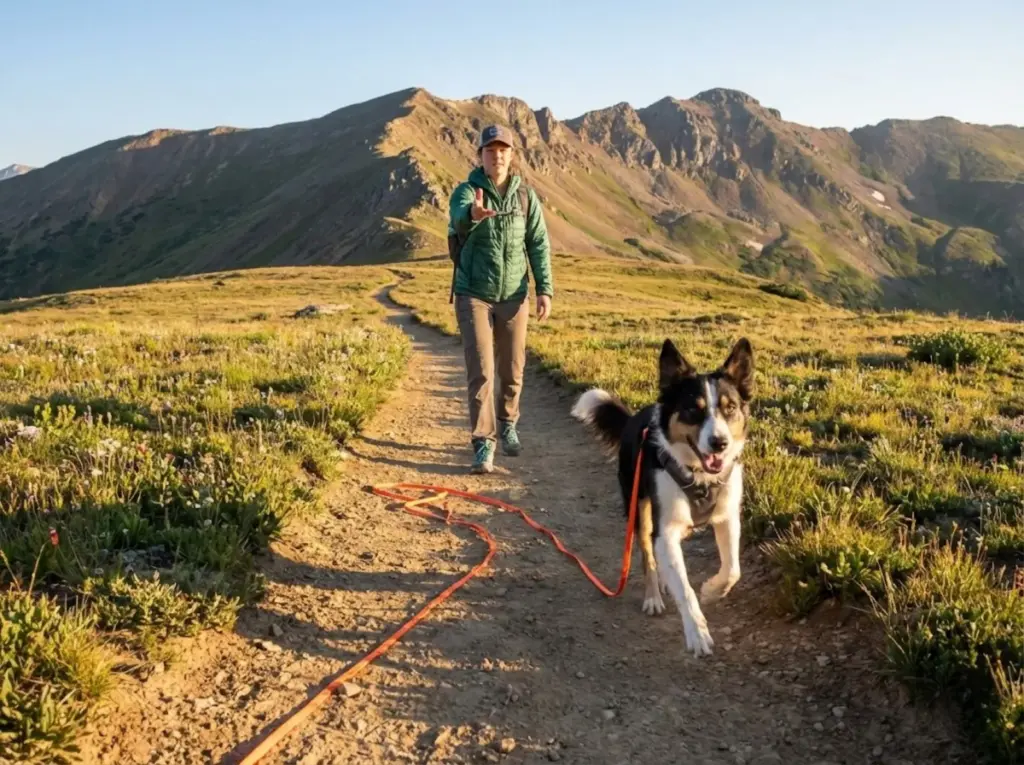 Hiker training dog recall with check cord on alpine trail at golden hour