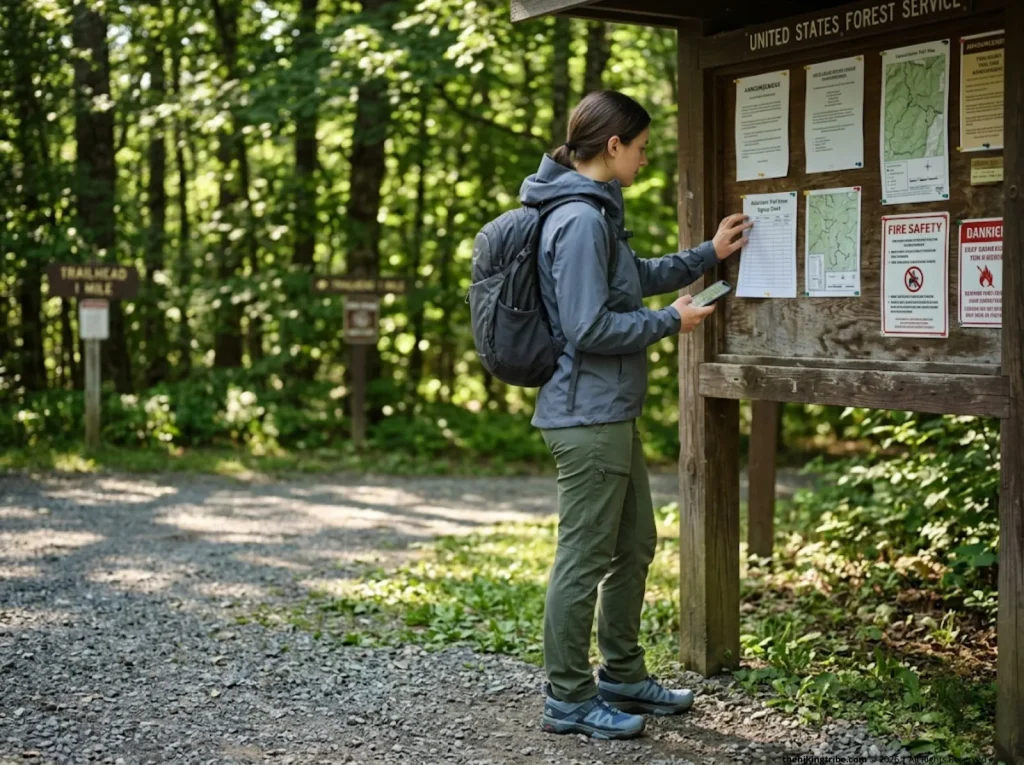 Female hiker reading trail volunteer crew signup at a forest trailhead kiosk with phone and daypack