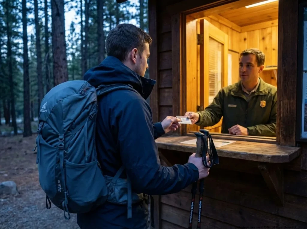 Hiker in Fjällräven jacket presenting ID at backcountry permit kiosk at dawn for walk-up lottery
