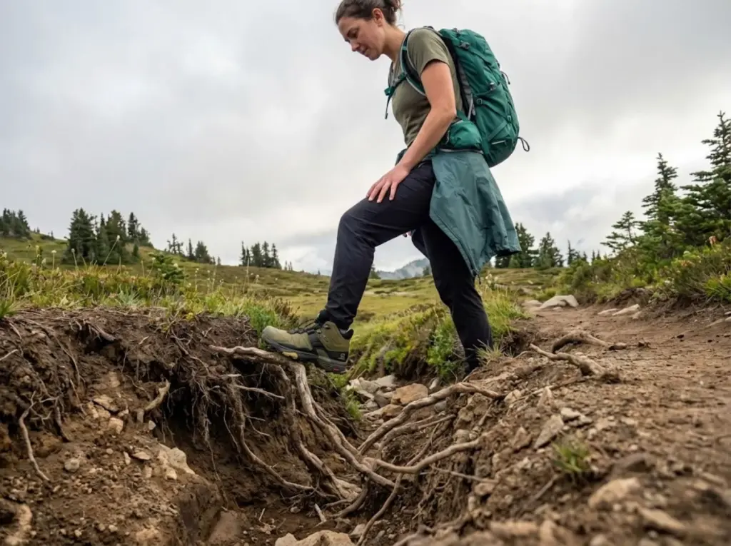 Hiker examining deeply eroded alpine trail with exposed roots and gully damage