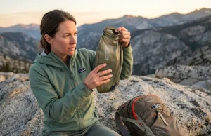 Water Bladder Mold Won’t Survive This Routine Hiker checking CamelBak hydration bladder for mold at alpine campsite, Sierra Nevada