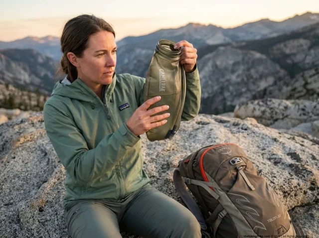 water-bladder-mold-prevention-hero Hiker checking CamelBak hydration bladder for mold at alpine campsite, Sierra Nevada