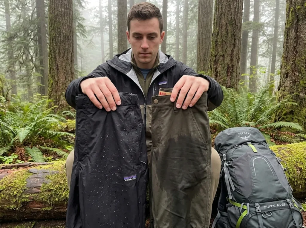 Hiker comparing water-resistant and waterproof hiking pants showing water beading vs absorption
