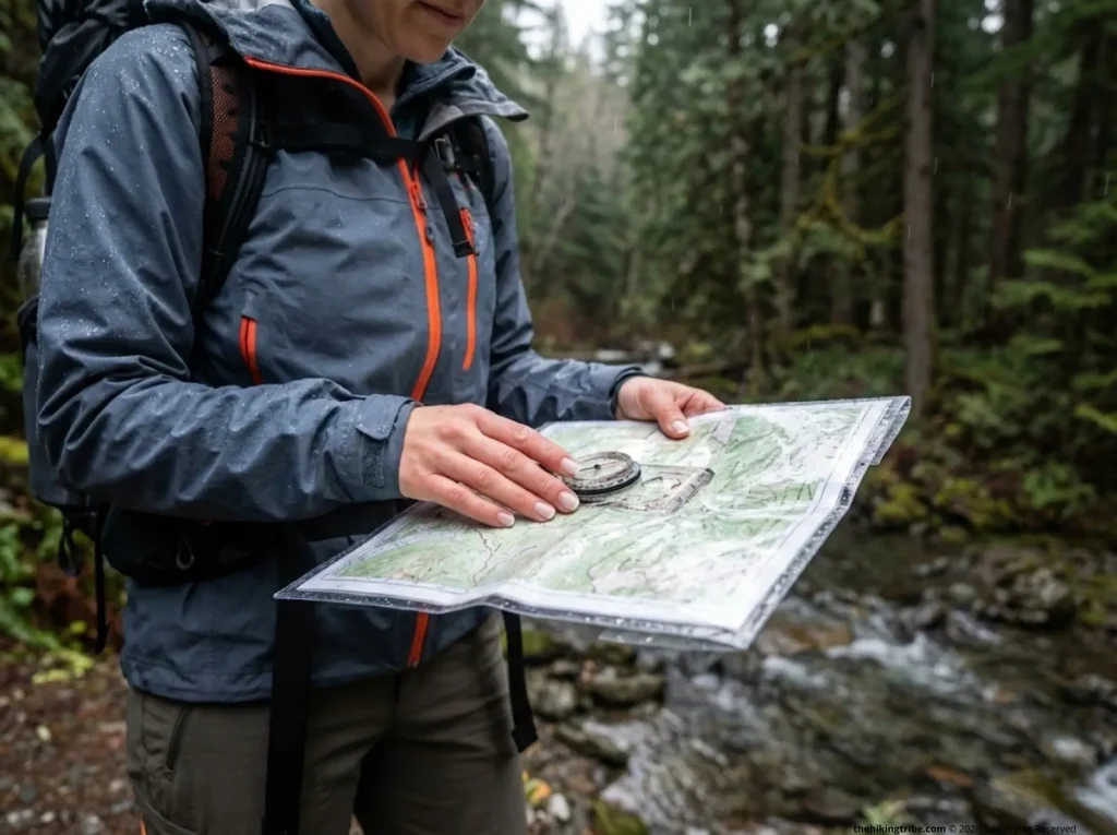Hiker reading waterproofed paper map in the rain on a mountain trail crossing