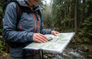 Paper Map Waterproofing That Survives Rivers and Folds Hiker reading waterproofed paper map in the rain on a mountain trail crossing