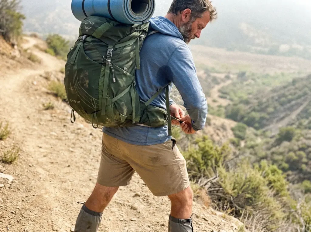 Hiker cinching a loaded Osprey weekend pack on a trail to show the 40 to 50 liter sweet spot