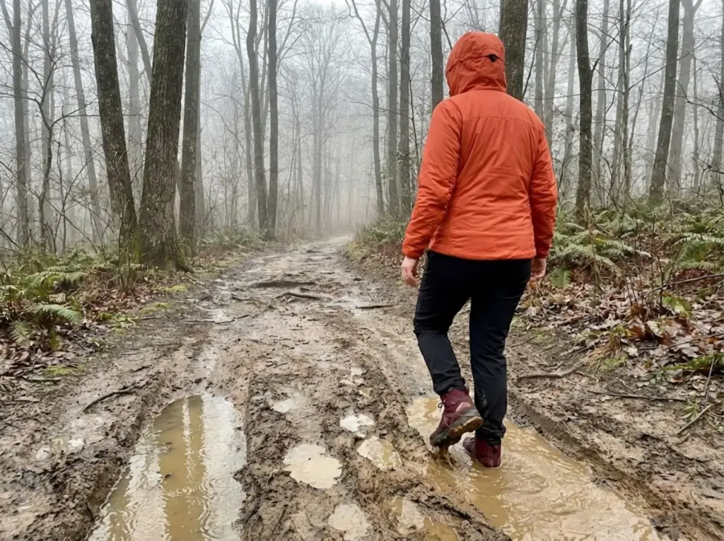 Hiker navigating waterlogged clay trail with deep boot prints showing wet soil erosion