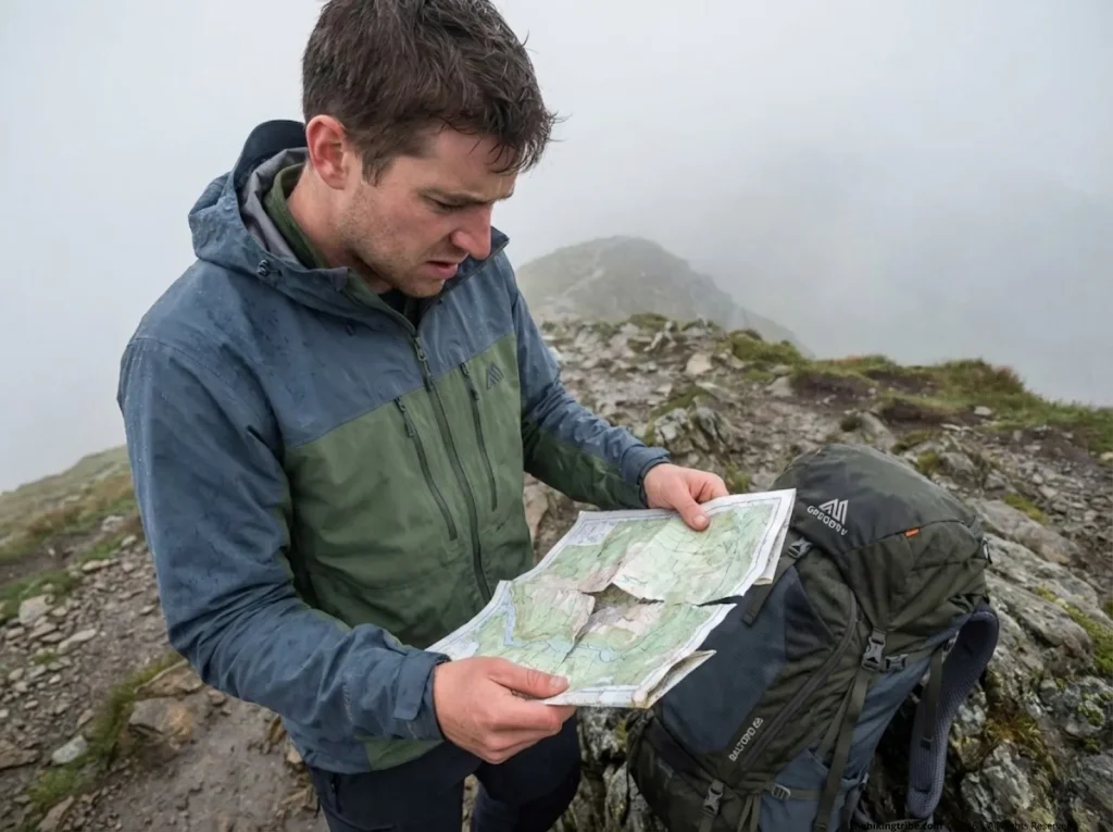 Wet paper map tearing apart at fold lines during rain on alpine ridge