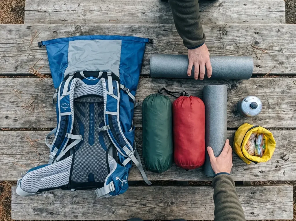 Backpacking gear laid out beside an open Osprey pack to show how much volume it holds