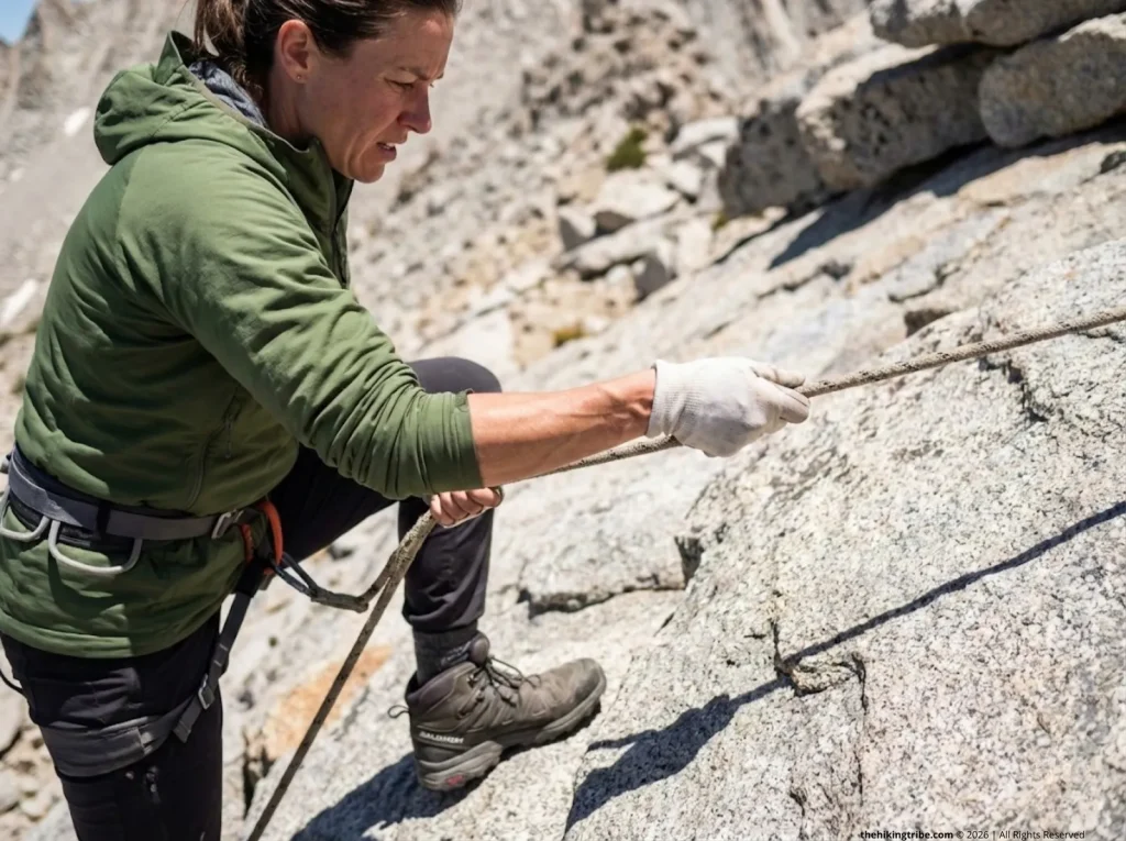 Female hiker gripping fixed rope with tense arms on rocky alpine ridge, showing forearm fatigue on handline