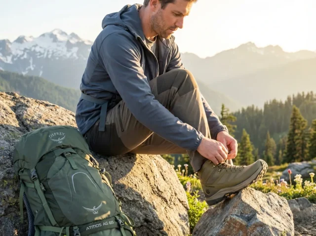 wide-toe-box-hiking-boots-hero-trailventure Hiker lacing wide toe box Topo Athletic Trailventure 2 boots on alpine granite overlook