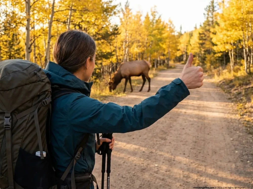 Hiker using thumb rule to measure safe wildlife watching distance from bull elk on mountain trail